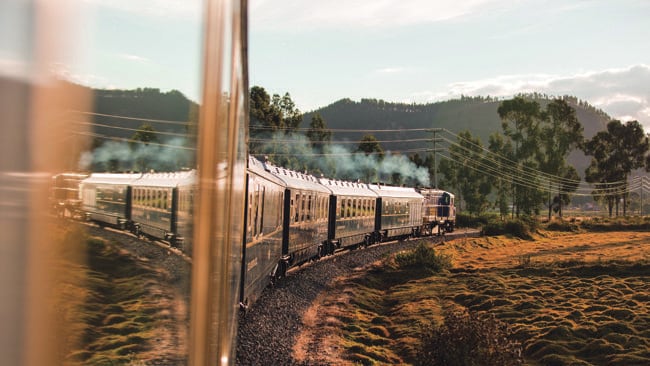 The Belmond Hiram Bingham train winds through the Urubamba Valley in Peru.